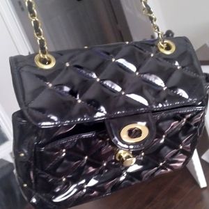 Bueno black patent leather and gold chain quilted bag